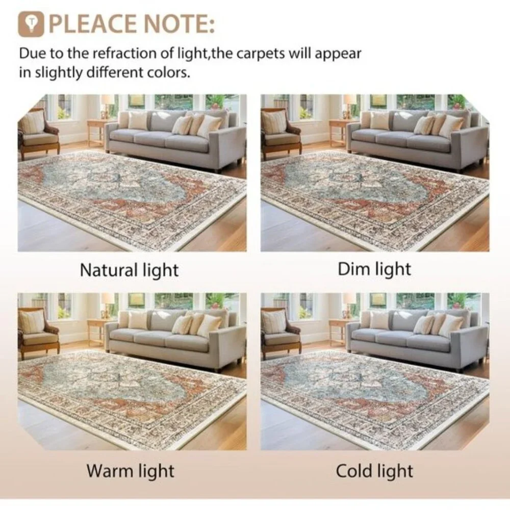 5x7 Washable Area Rug, Boho Vintage Distressed Carpet for Home - Green/Rust Red